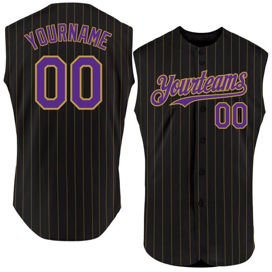 Custom Black Old Gold Pinstripe Purple Authentic Sleeveless Baseball Jersey - Main View