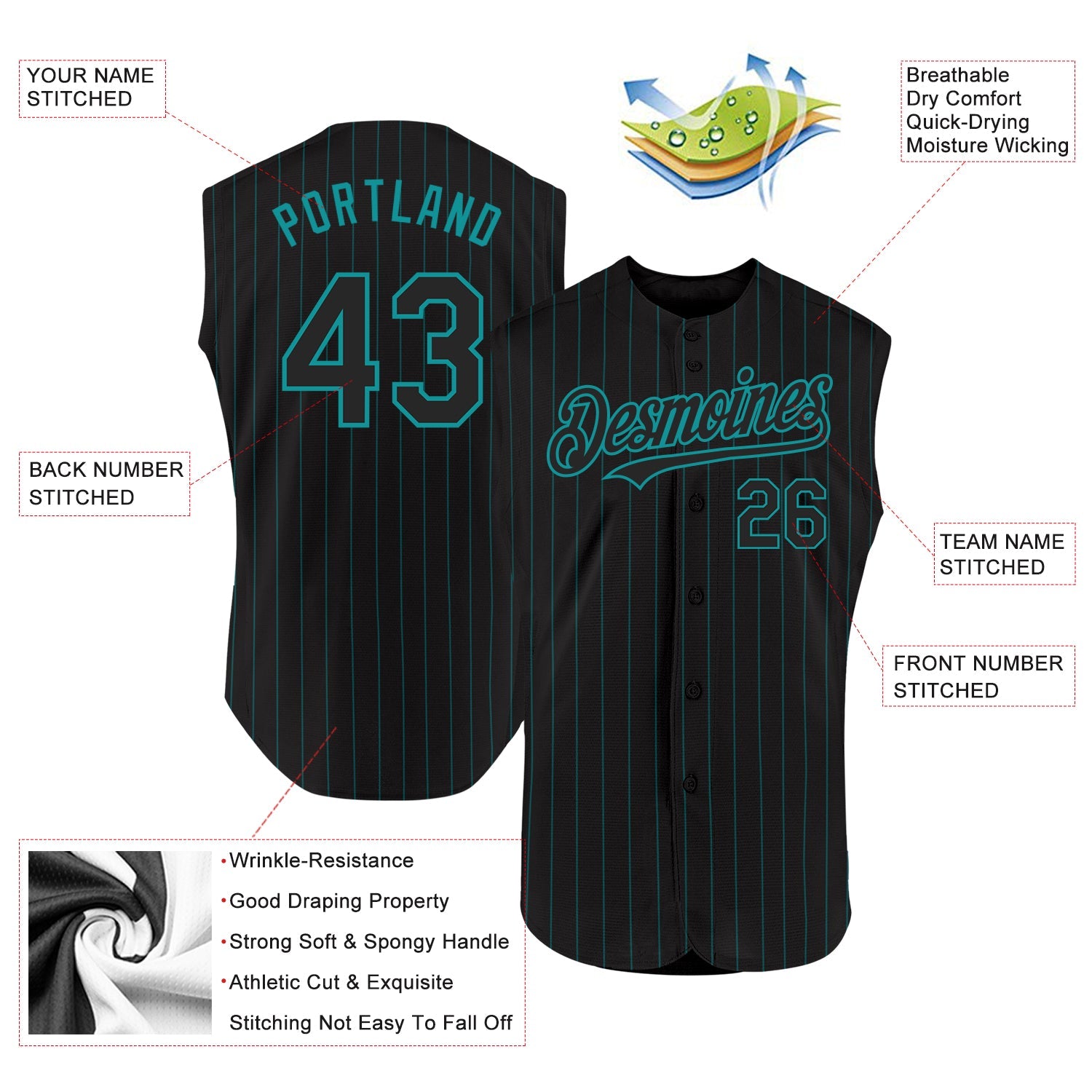 Custom Black Teal Pinstripe Teal Authentic Sleeveless Baseball Jersey view 2
