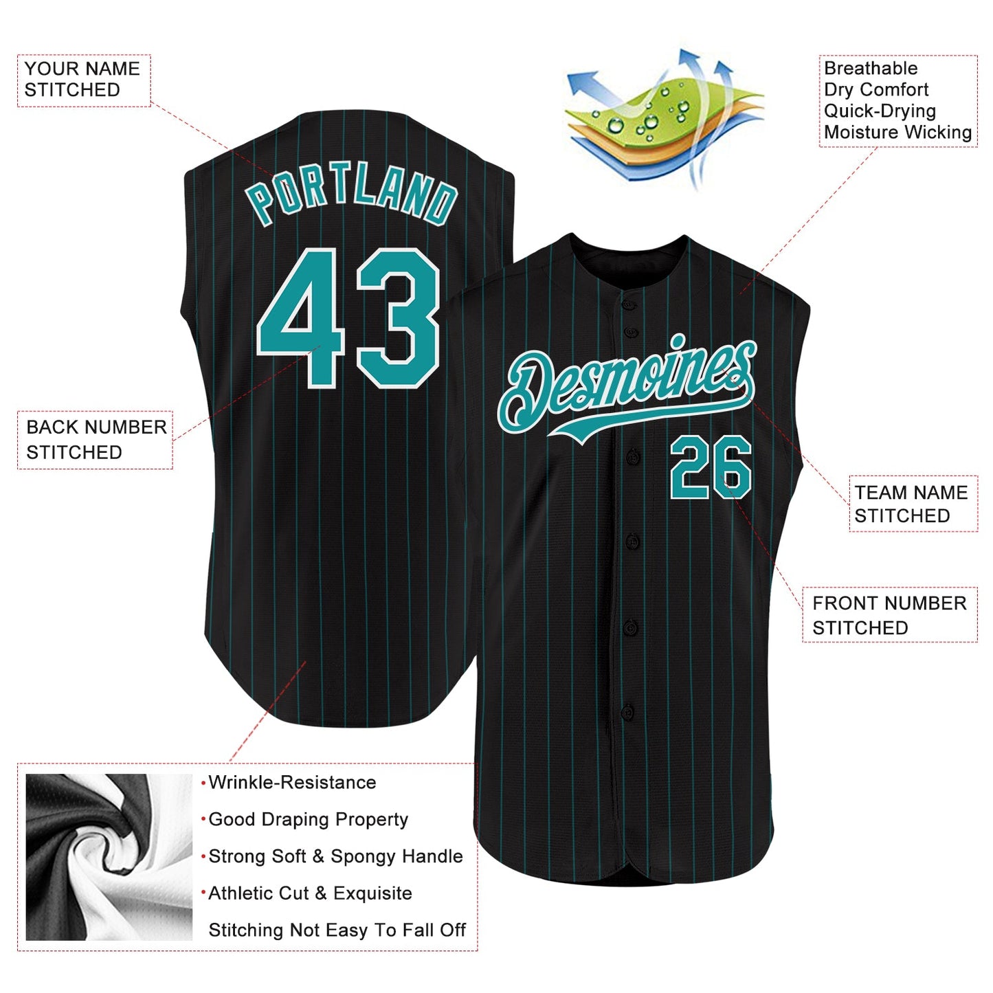 Custom Black Teal Pinstripe White Authentic Sleeveless Baseball Jersey view 2
