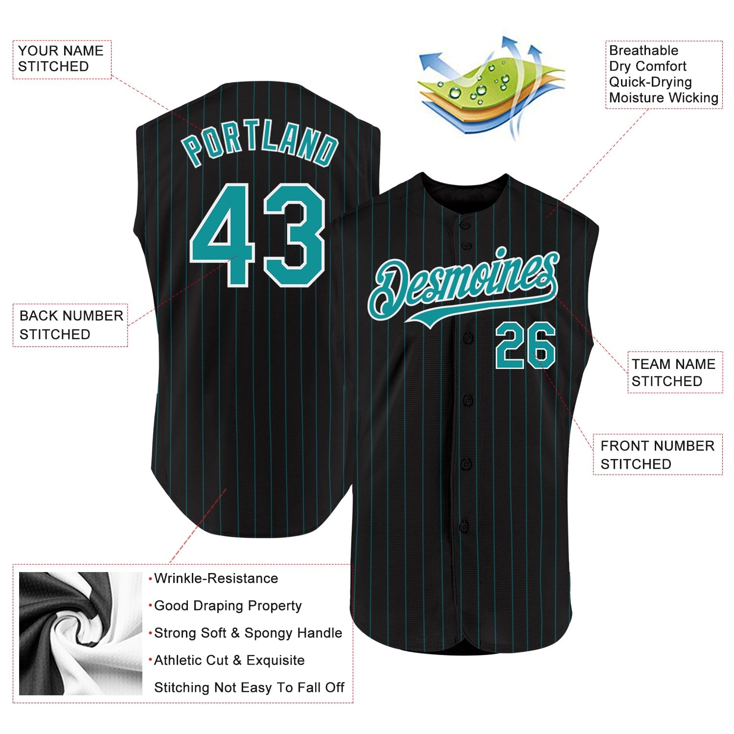 Custom Black Teal Pinstripe White Authentic Sleeveless Baseball Jersey view 2