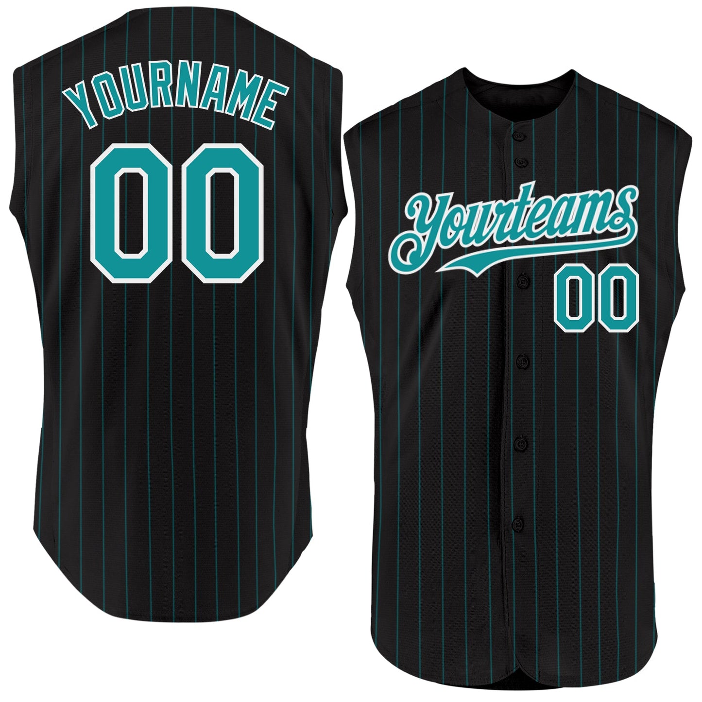 Custom Black Teal Pinstripe White Authentic Sleeveless Baseball Jersey - Main View