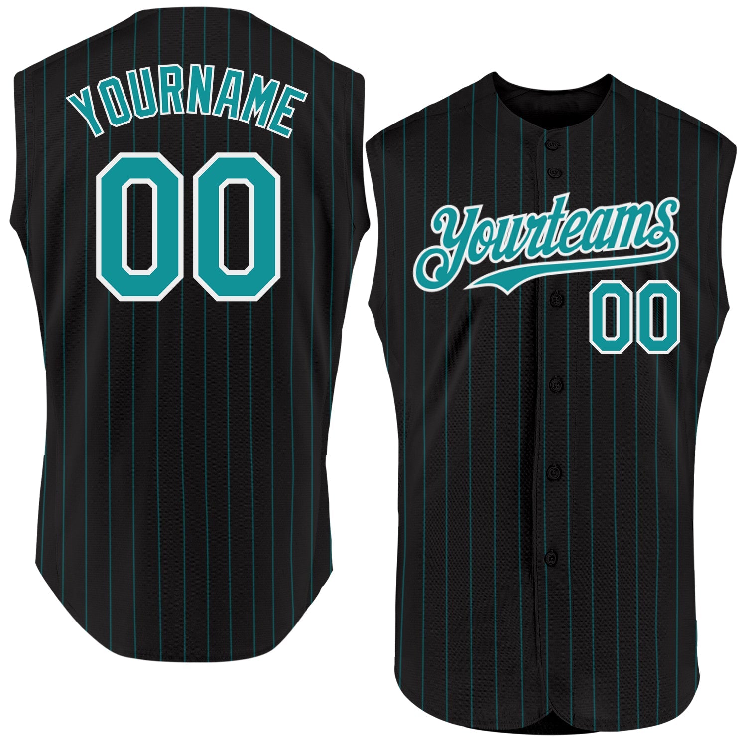 Custom Black Teal Pinstripe White Authentic Sleeveless Baseball Jersey - Main View