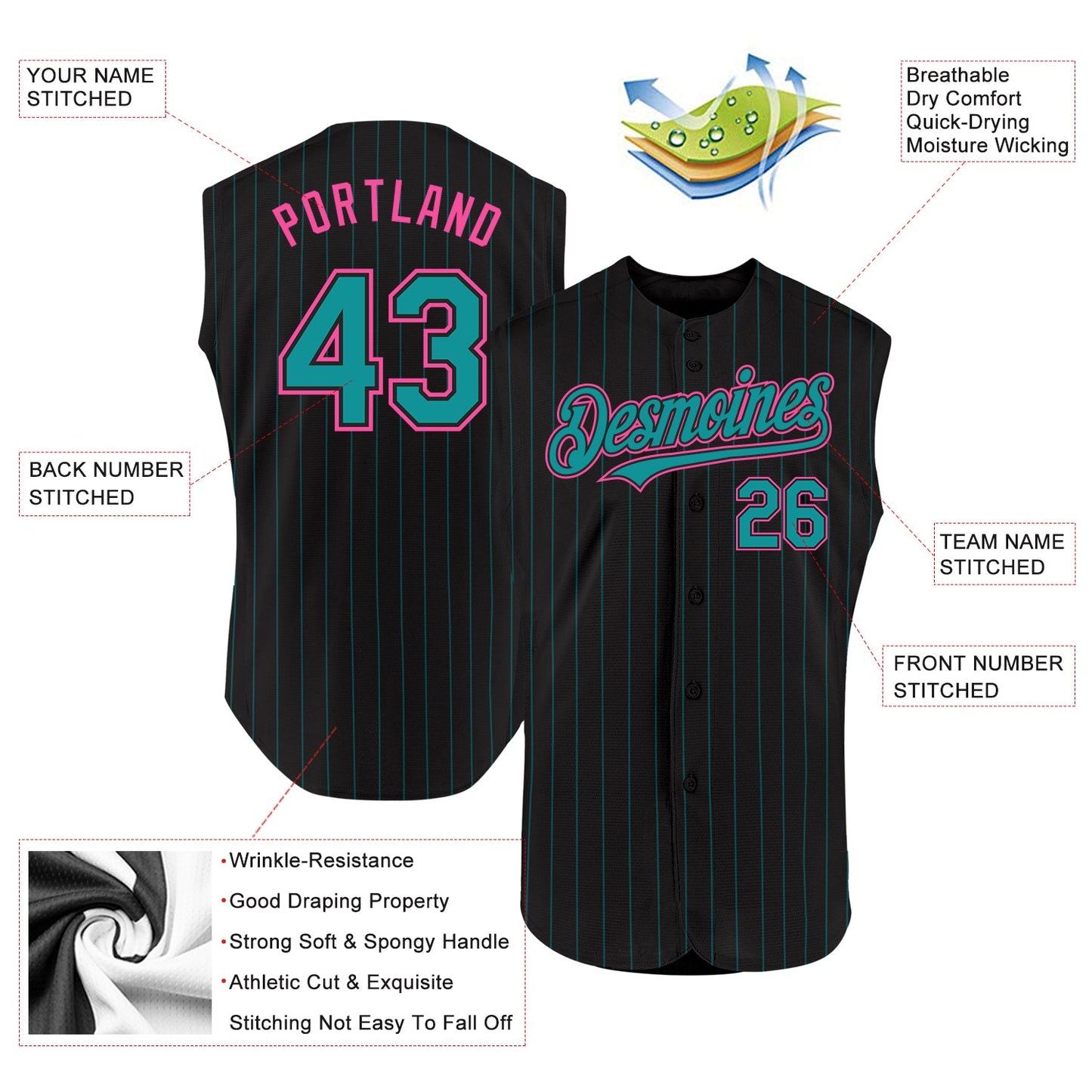 Custom Black Teal Pinstripe Pink Authentic Sleeveless Baseball Jersey view 2