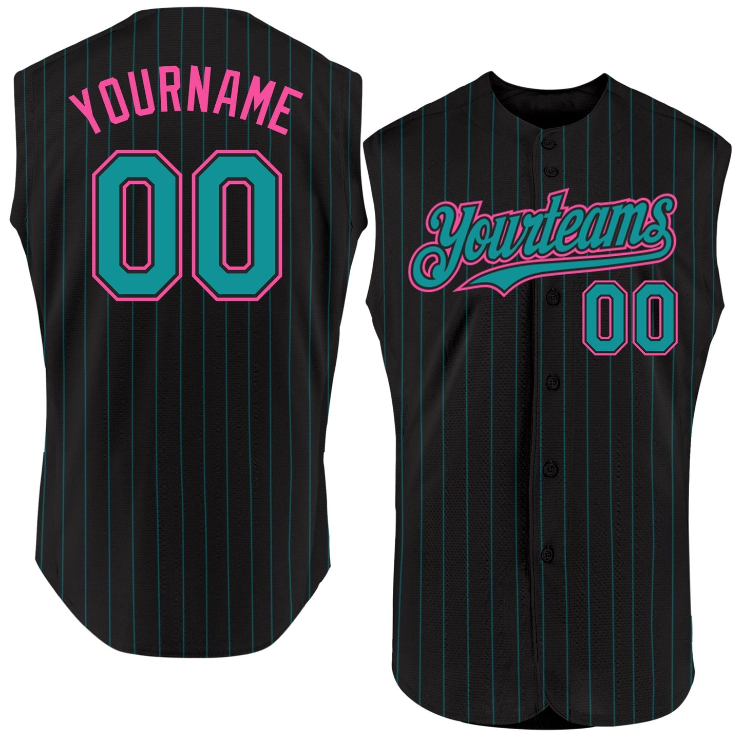 Custom Black Teal Pinstripe Pink Authentic Sleeveless Baseball Jersey - Main View
