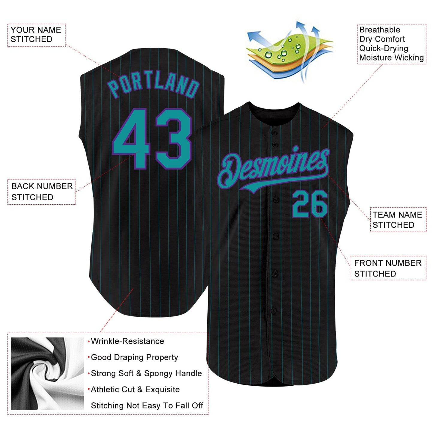 Custom Black Teal Pinstripe Purple Authentic Sleeveless Baseball Jersey view 2