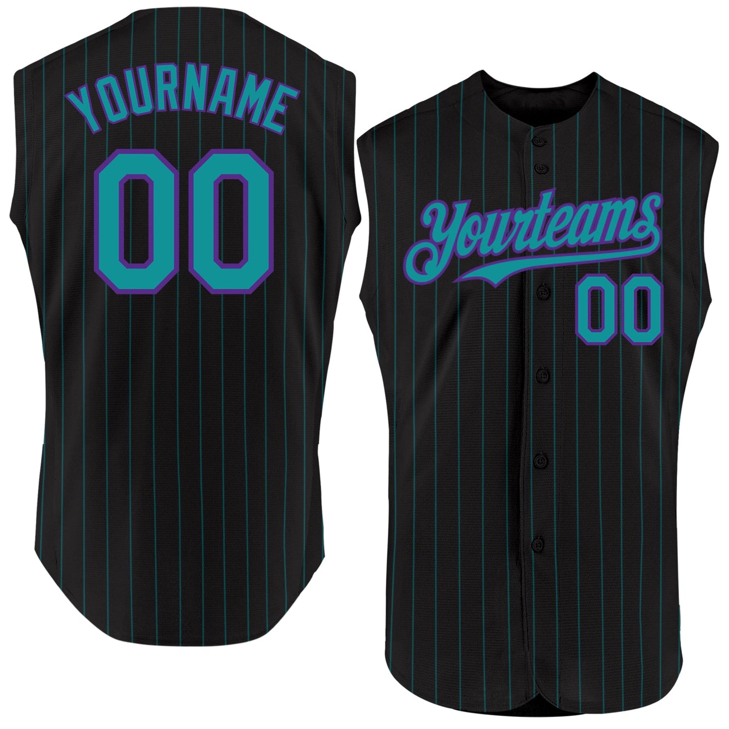 Custom Black Teal Pinstripe Purple Authentic Sleeveless Baseball Jersey - Main View