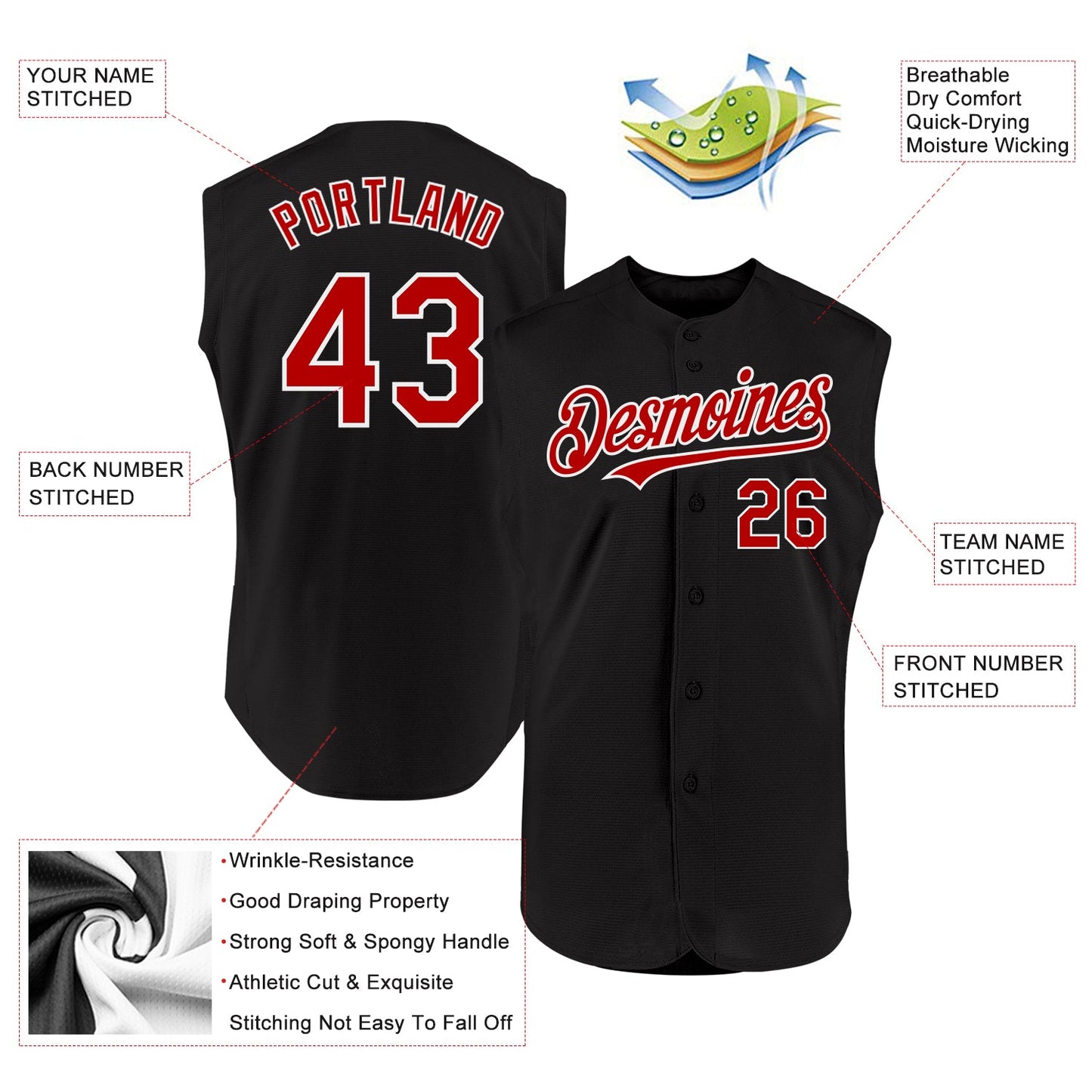 Custom Black Red-White Authentic Sleeveless Baseball Jersey view 2
