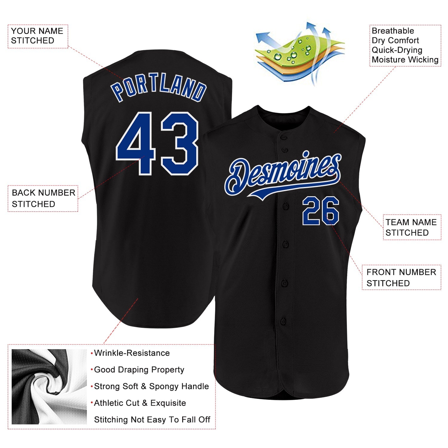 Custom Black Royal-White Authentic Sleeveless Baseball Jersey view 2