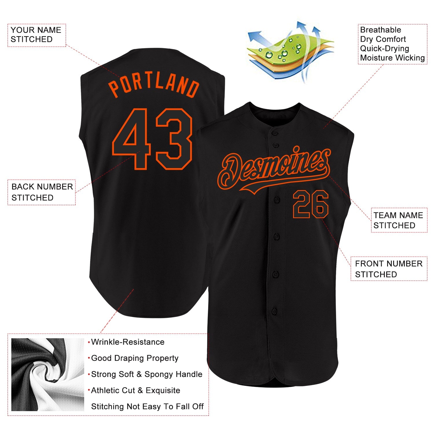 Custom Black Orange Authentic Sleeveless Baseball Jersey view 2