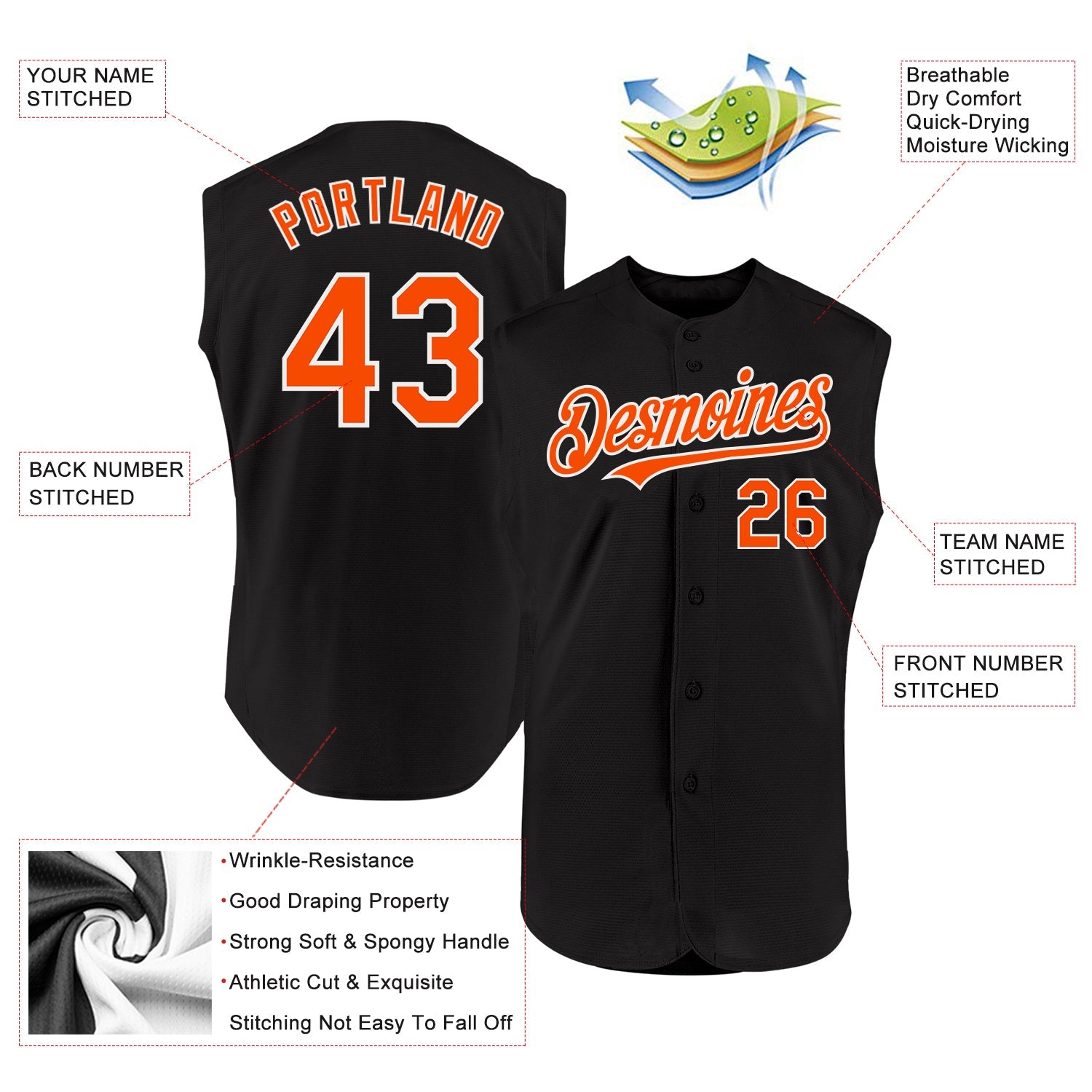 Custom Black Orange-White Authentic Sleeveless Baseball Jersey view 2