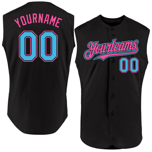Custom Black Sky Blue-Pink Authentic Sleeveless Baseball Jersey - Main View