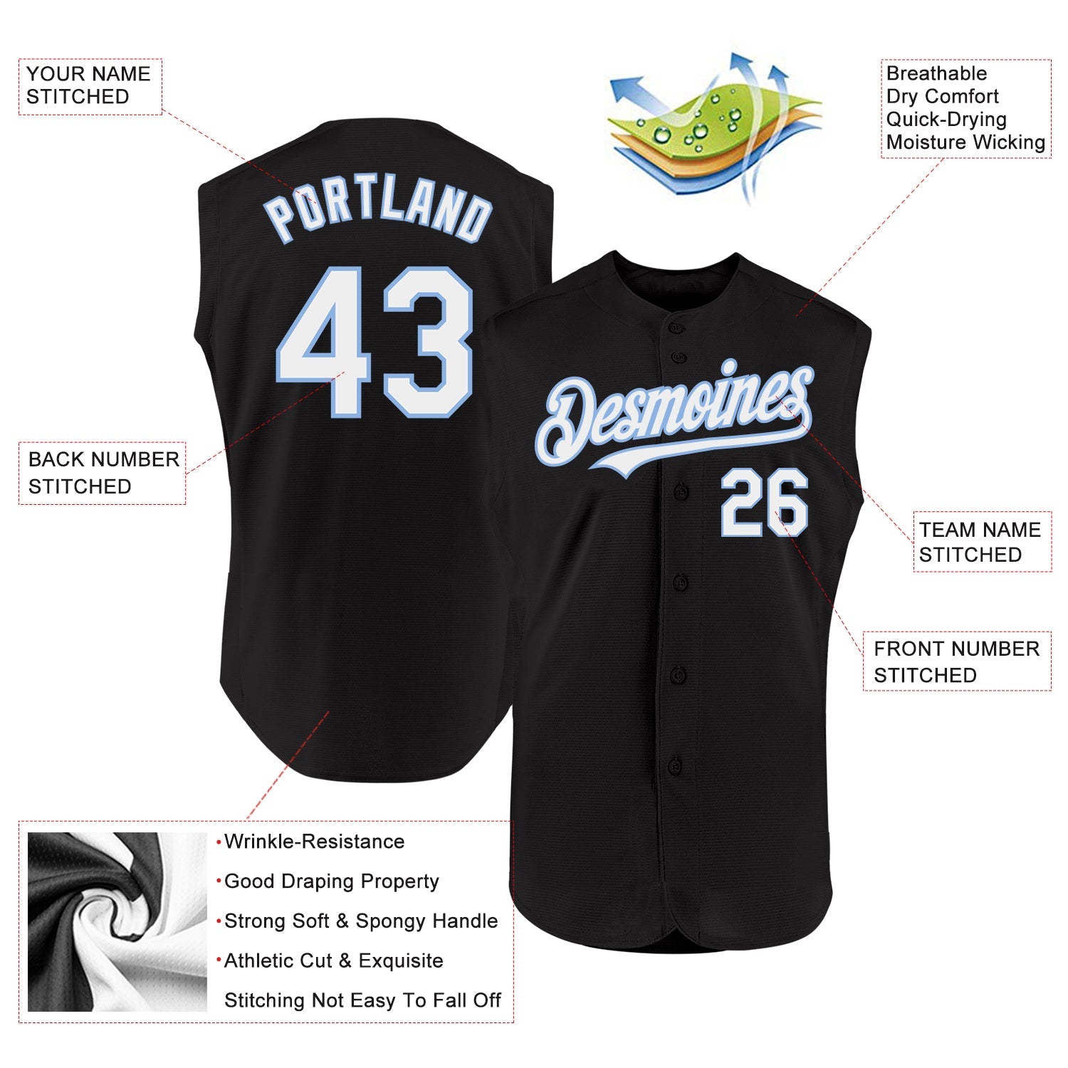 Custom Black White-Light Blue Authentic Sleeveless Baseball Jersey view 2