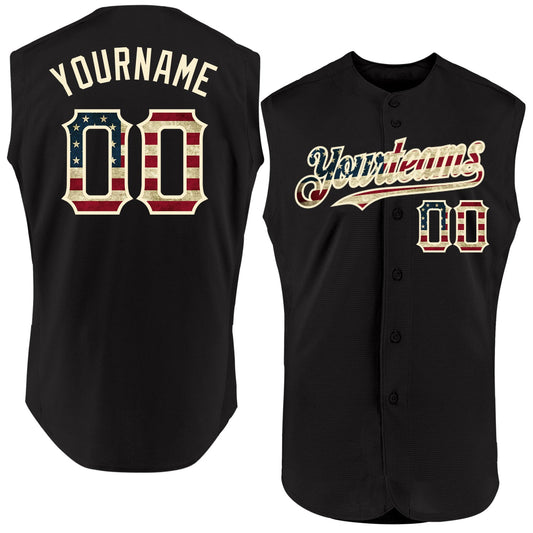 Custom Black Vintage USA Flag-Cream Authentic Sleeveless Baseball Jersey - Main View