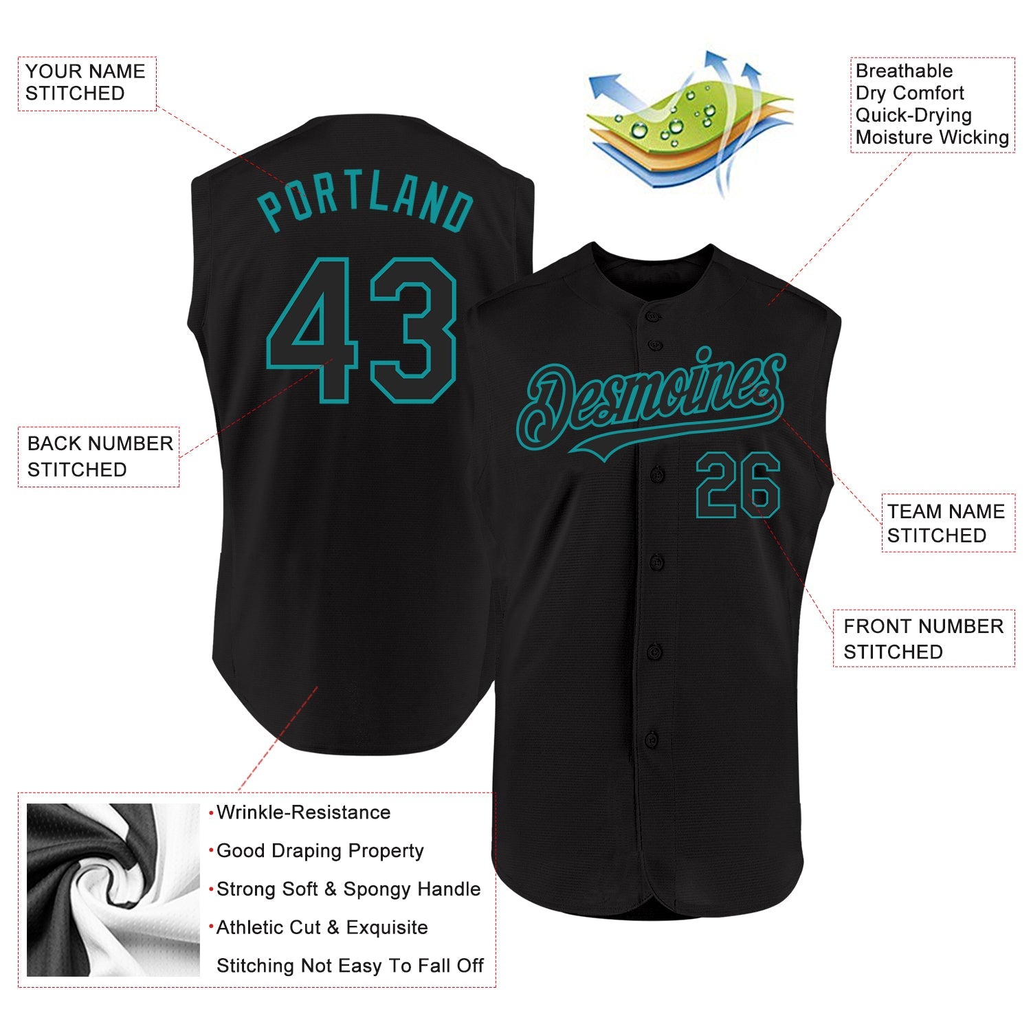 Custom Black Teal Authentic Sleeveless Baseball Jersey view 2