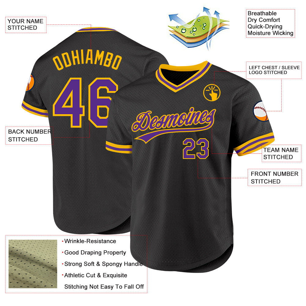 Custom Black Purple-Gold Authentic Throwback Baseball Jersey view 3