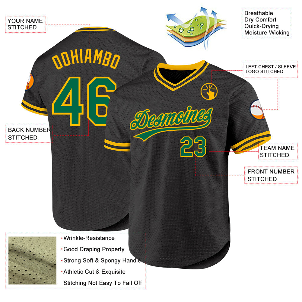 Custom Black Kelly Green-Gold Authentic Throwback Baseball Jersey view 3