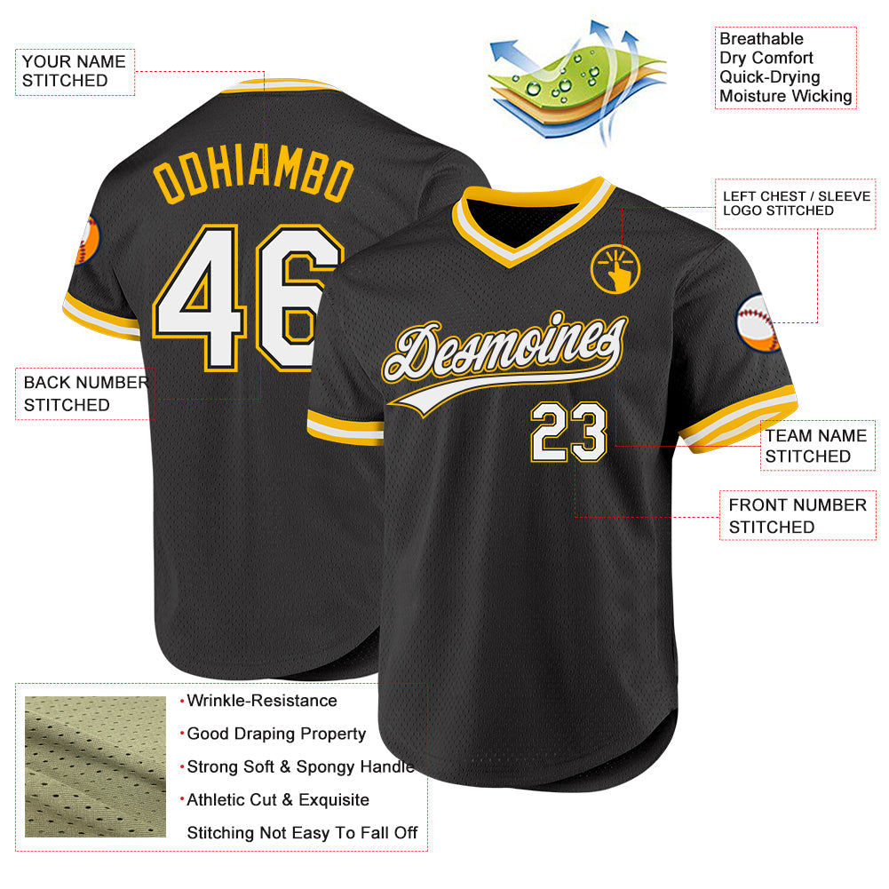 Custom Black White-Gold Authentic Throwback Baseball Jersey view 3