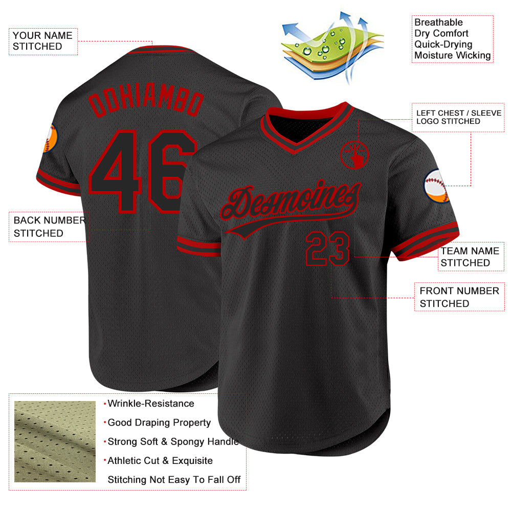Custom Black Red Authentic Throwback Baseball Jersey view 3