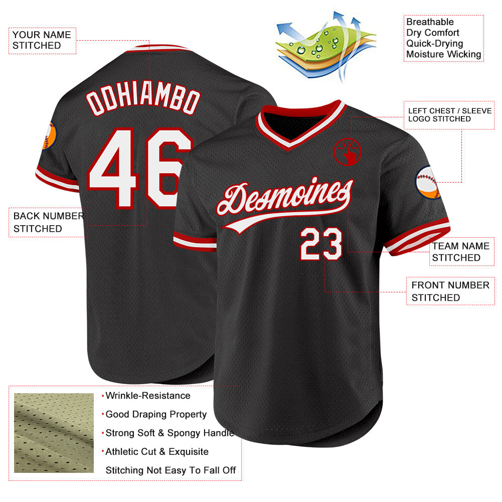Custom Black White-Red Authentic Throwback Baseball Jersey view 3