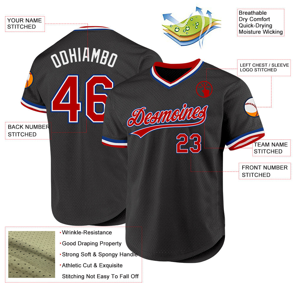 Custom Black Red-Royal Authentic Throwback Baseball Jersey view 3