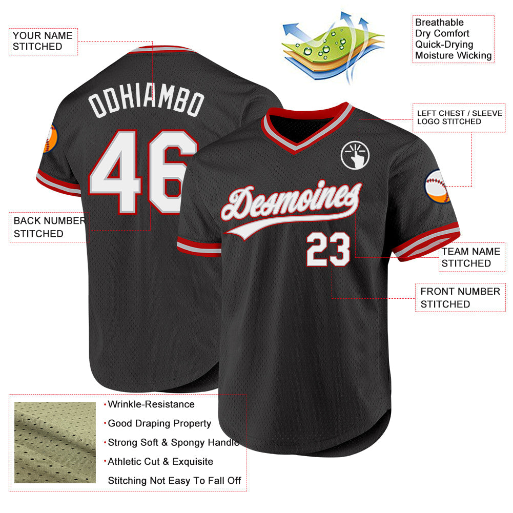 Custom Black Gray-Red Authentic Throwback Baseball Jersey view 3
