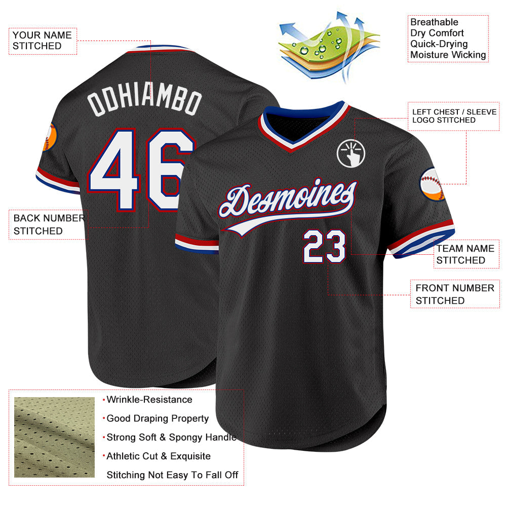 Custom Black Royal-Red Authentic Throwback Baseball Jersey view 3