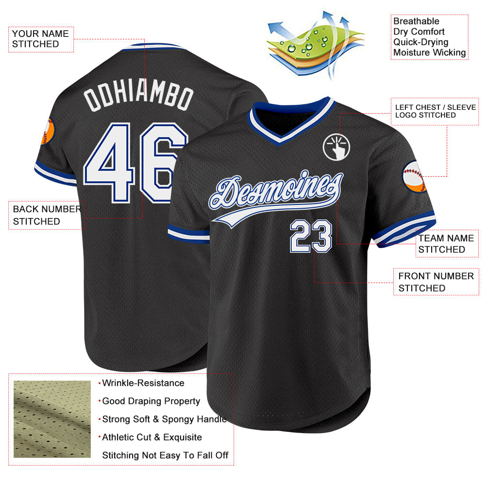 Custom Black White-Royal Authentic Throwback Baseball Jersey view 3