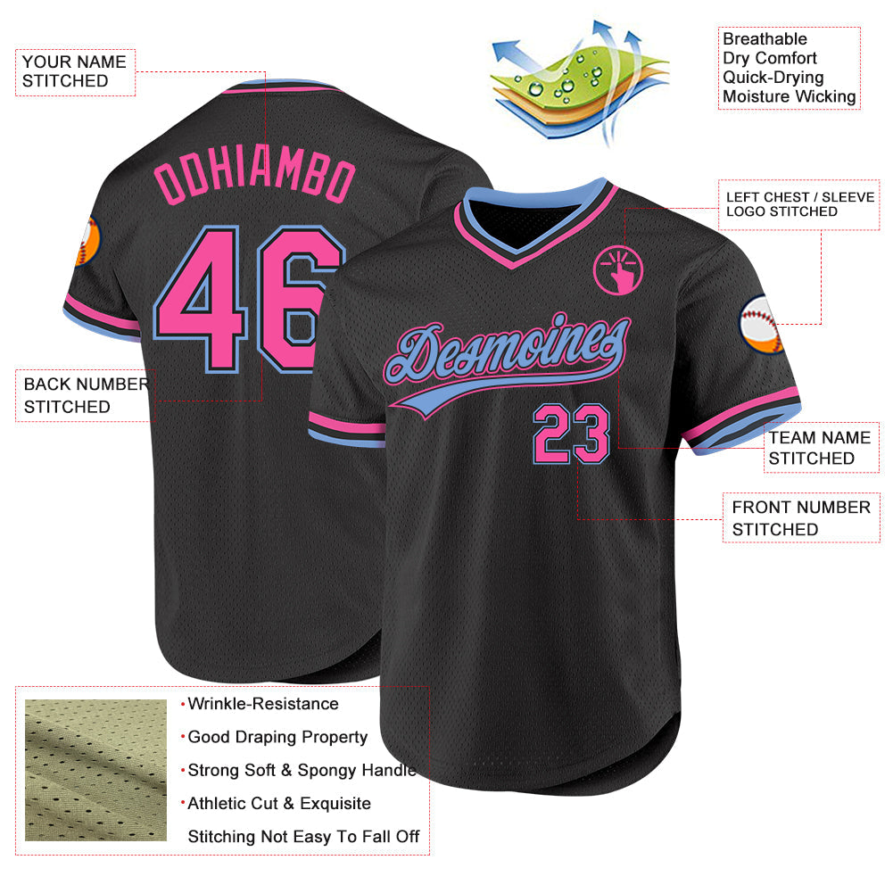 Custom Black Pink-Light Blue Authentic Throwback Baseball Jersey view 3