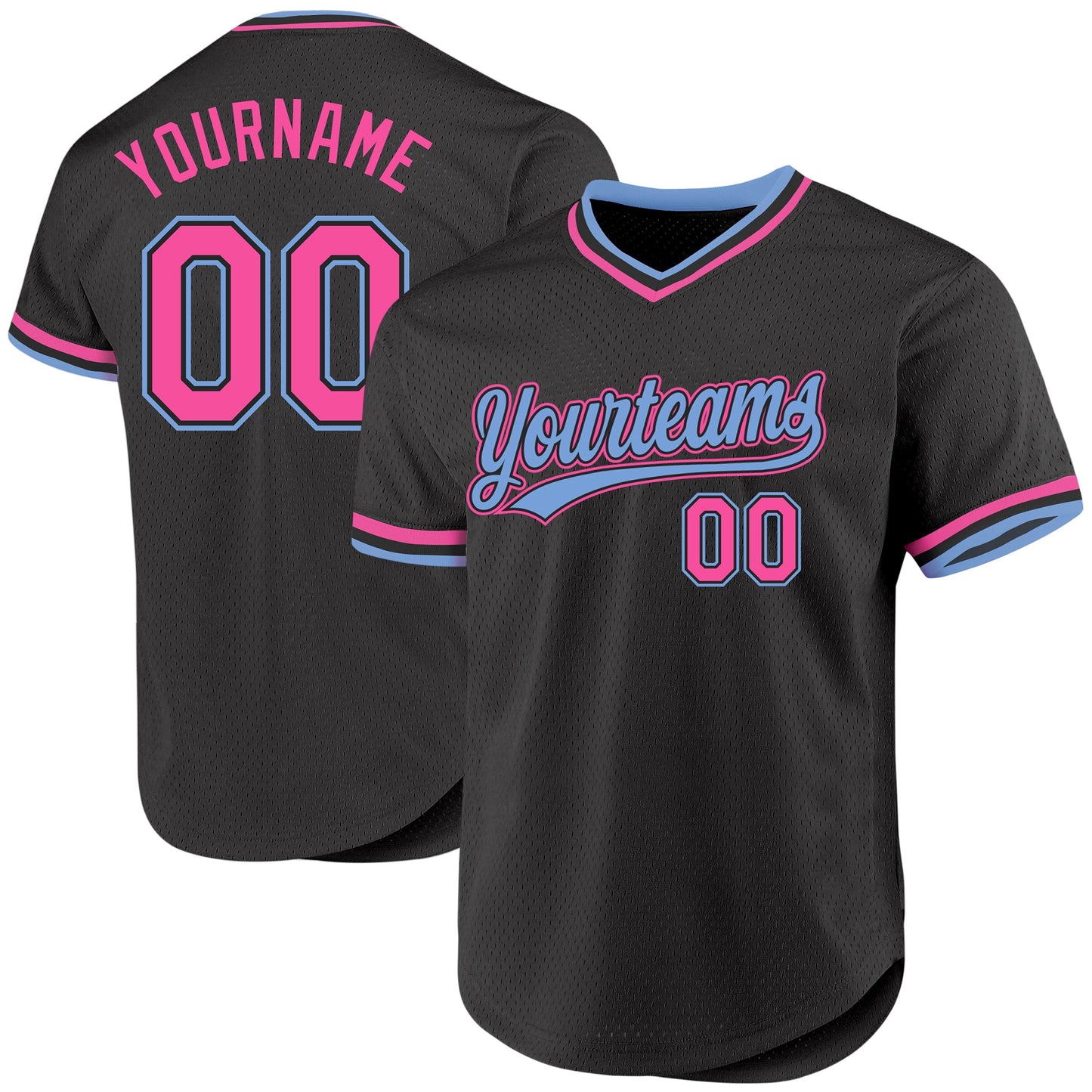 Custom Black Pink-Light Blue Authentic Throwback Baseball Jersey - Main View