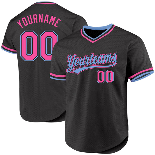 Custom Black Pink-Light Blue Authentic Throwback Baseball Jersey - Main View