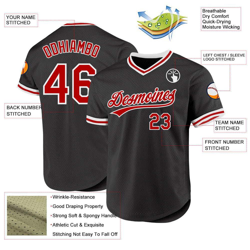 Custom Black Red-White Authentic Throwback Baseball Jersey view 3