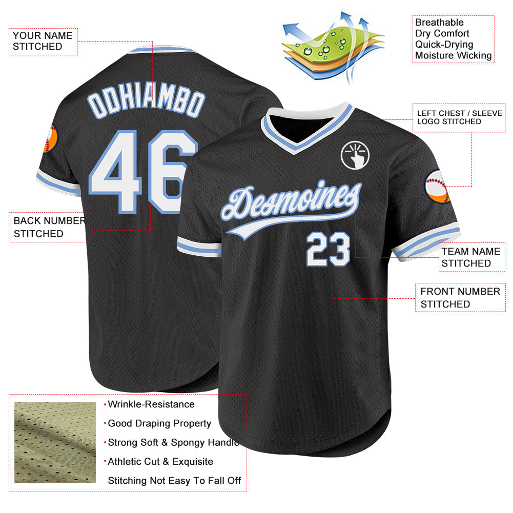 Custom Black White-Light Blue Authentic Throwback Baseball Jersey view 3