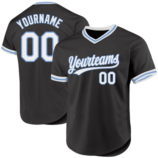 Custom Black White-Light Blue Authentic Throwback Baseball Jersey - Main View