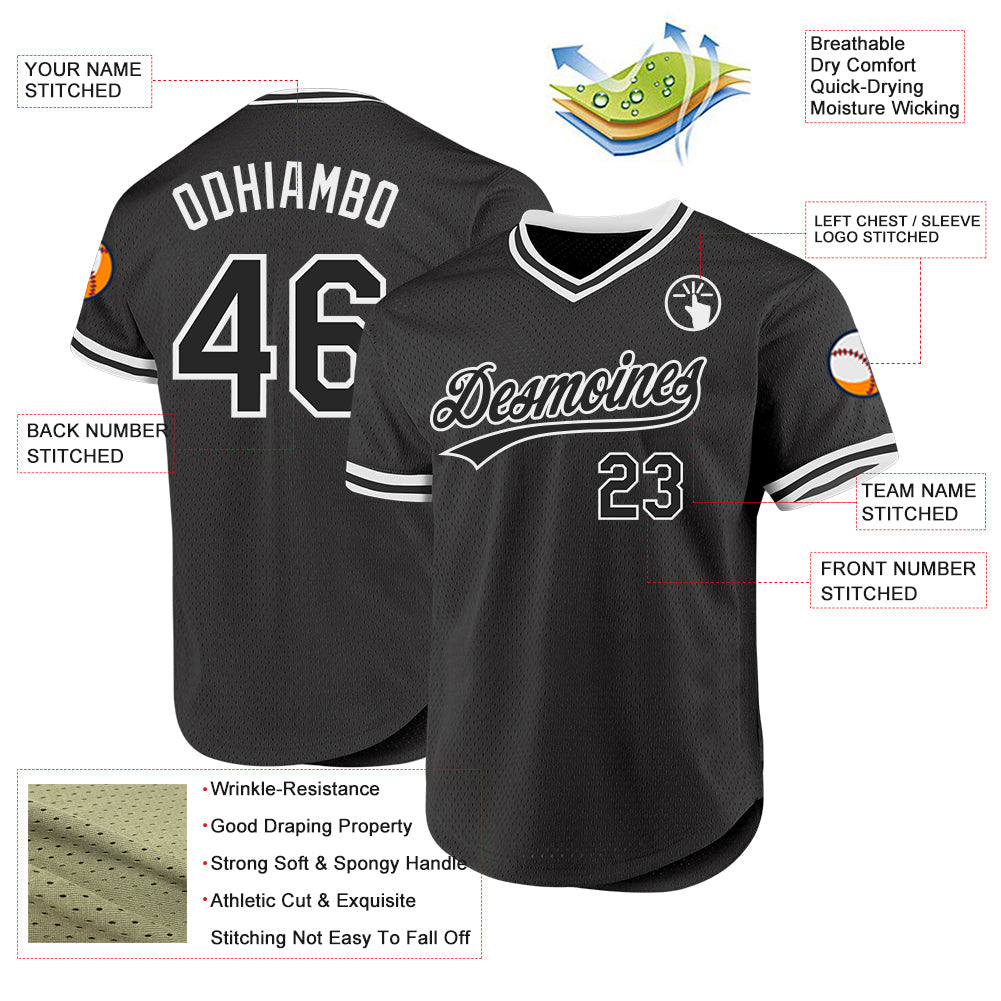 Custom Black White Authentic Throwback Baseball Jersey view 3