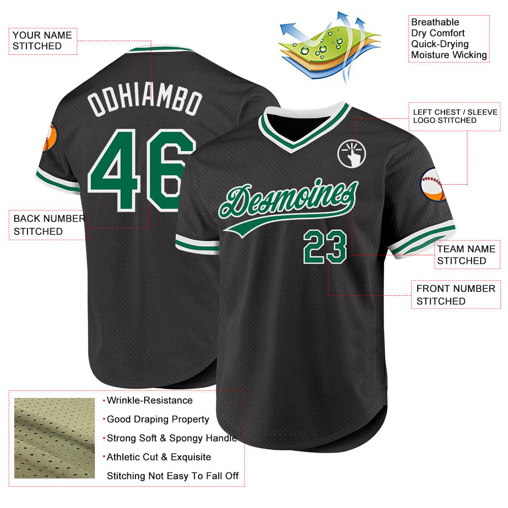 Custom Black Kelly Green-White Authentic Throwback Baseball Jersey view 3