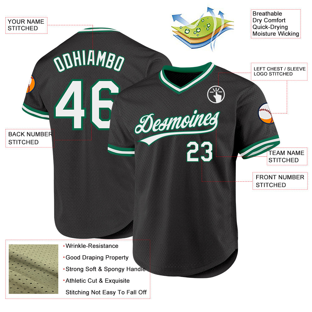 Custom Black White-Kelly Green Authentic Throwback Baseball Jersey view 3