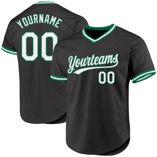Custom Black White-Kelly Green Authentic Throwback Baseball Jersey - Main View