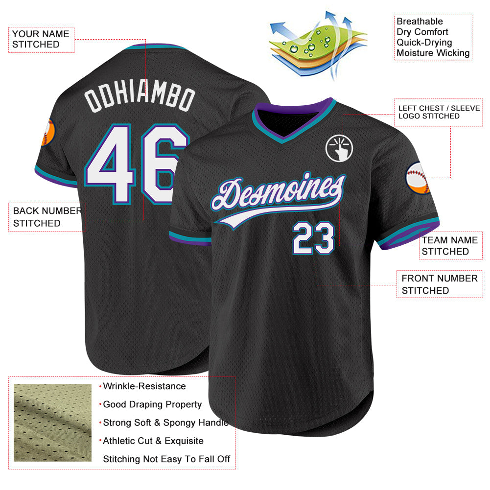 Custom Black Purple-Teal Authentic Throwback Baseball Jersey view 3