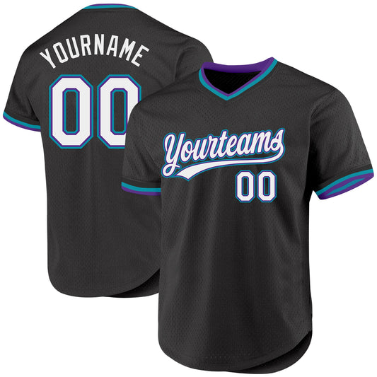 Custom Black Purple-Teal Authentic Throwback Baseball Jersey - Main View