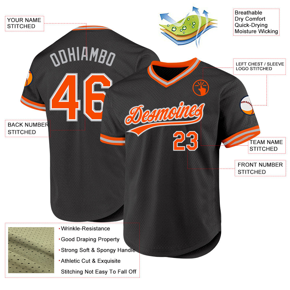 Custom Black Orange-Gray Authentic Throwback Baseball Jersey view 3