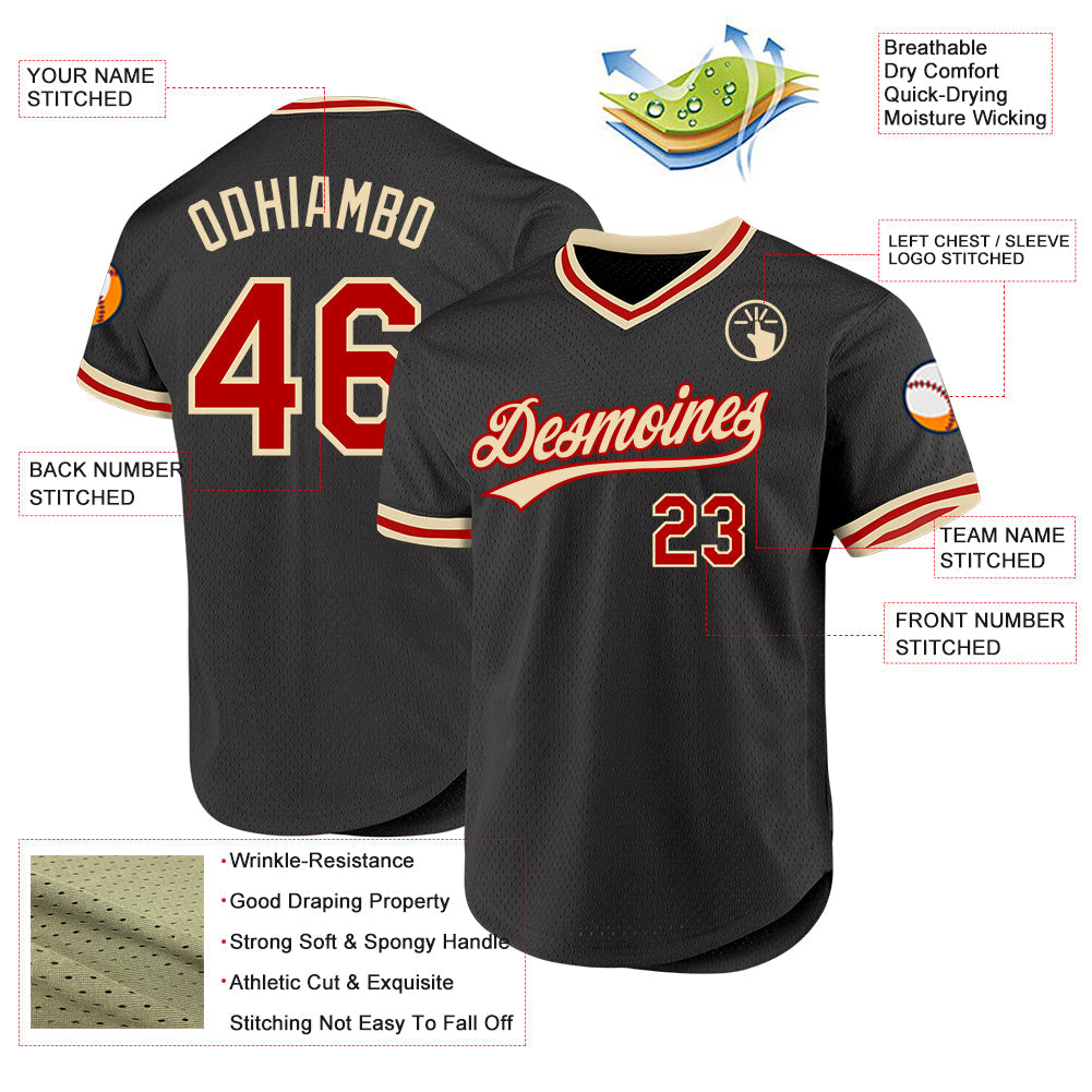 Custom Black Red-Cream Authentic Throwback Baseball Jersey view 3