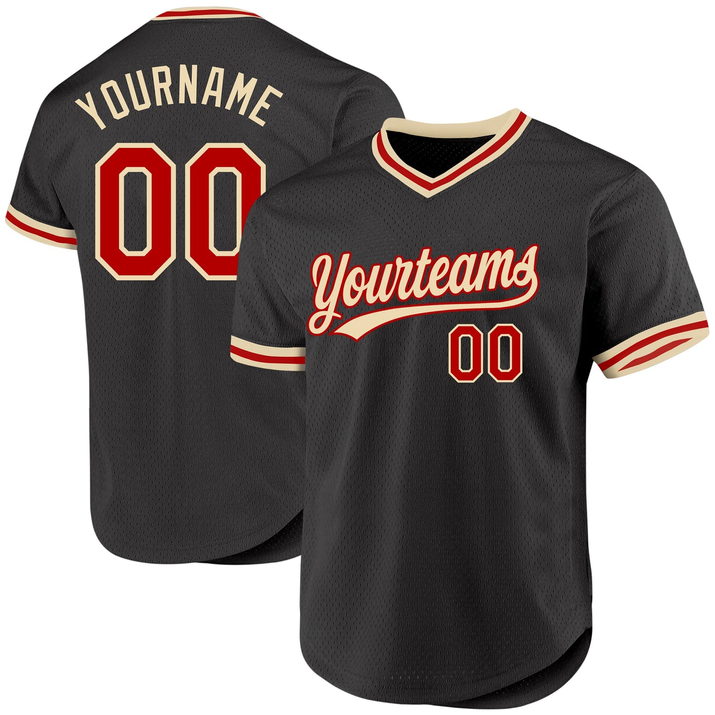 Custom Black Red-Cream Authentic Throwback Baseball Jersey - Main View