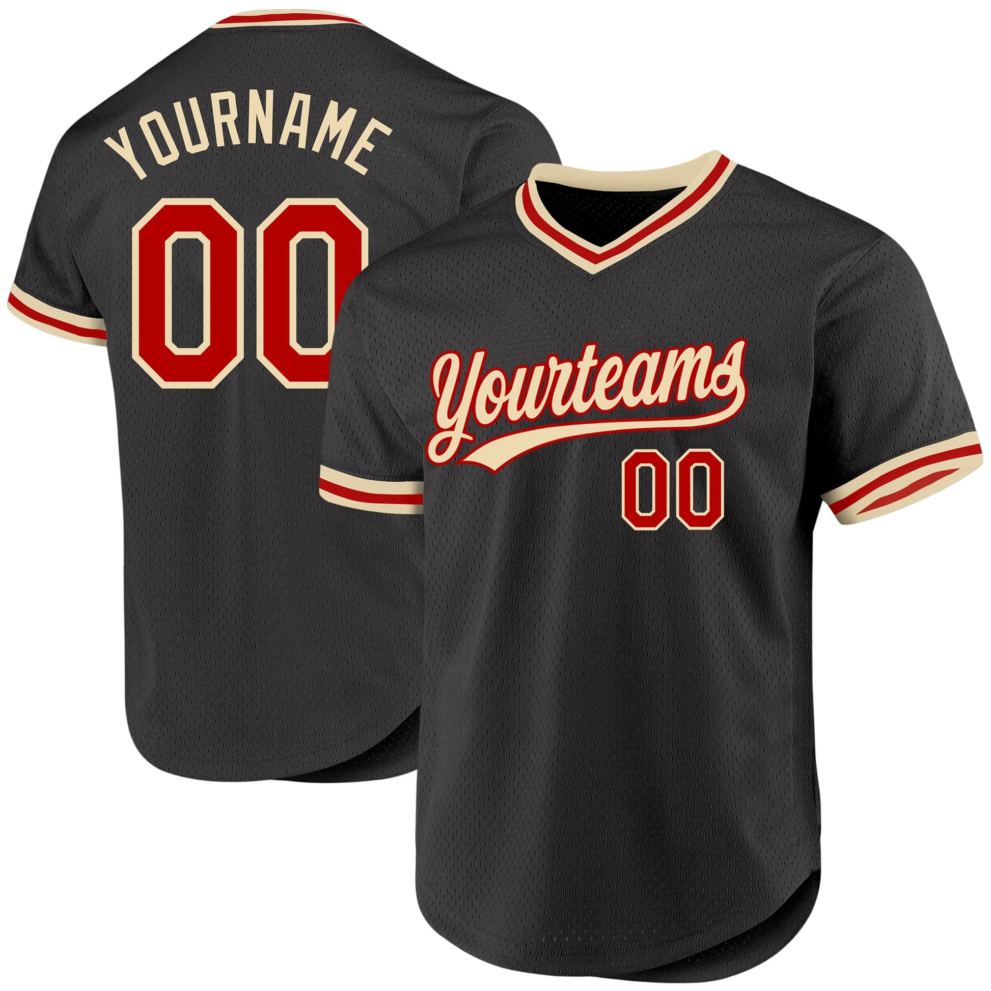 Custom Black Red-Cream Authentic Throwback Baseball Jersey - Main View