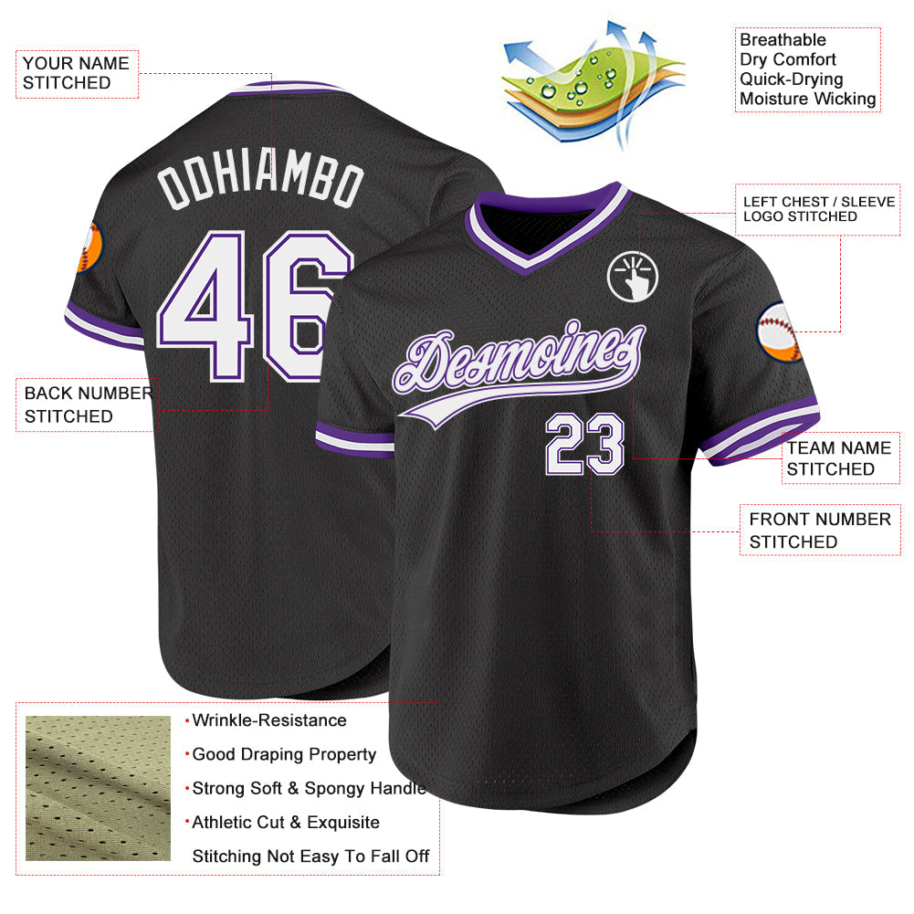 Custom Black White-Purple Authentic Throwback Baseball Jersey view 3