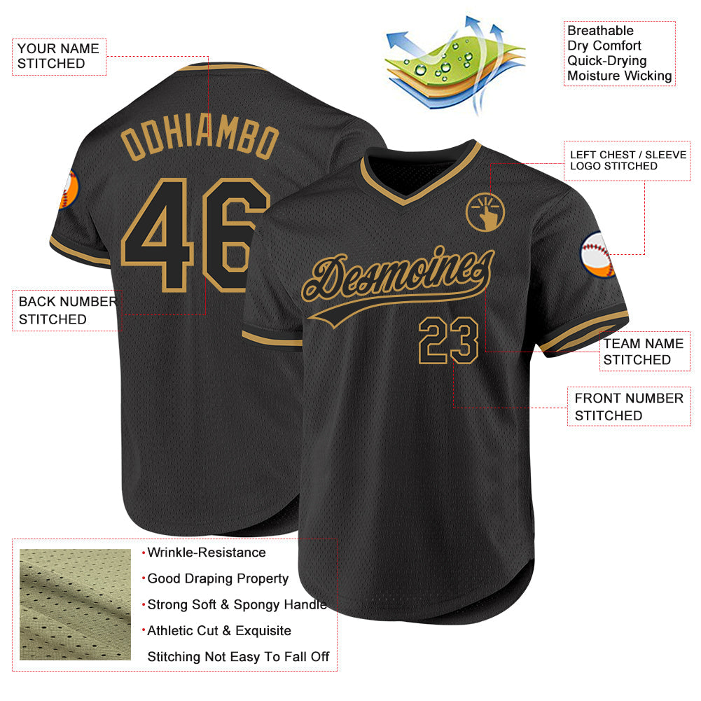 Custom Black Old Gold Authentic Throwback Baseball Jersey view 3