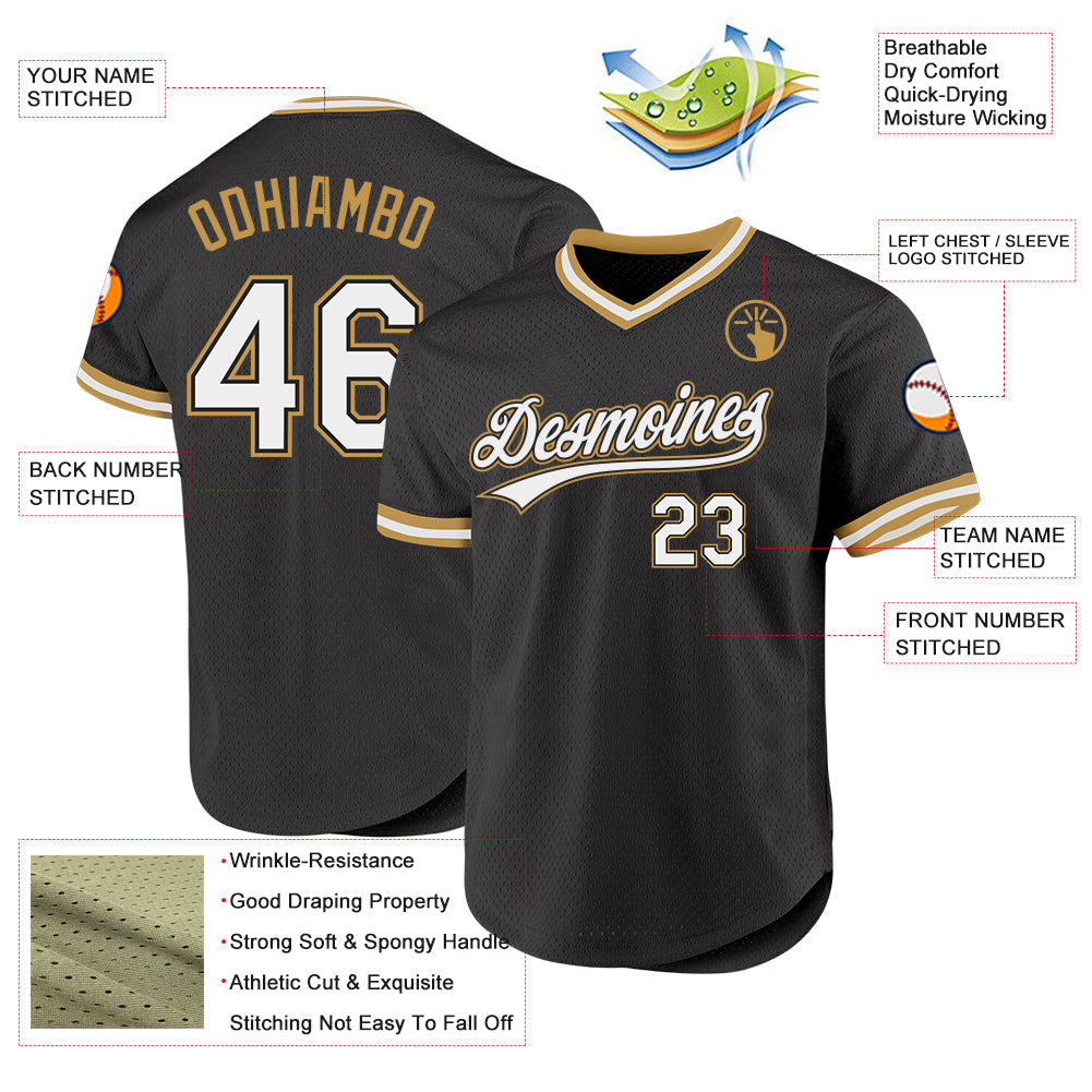 Custom Black White-Old Gold Authentic Throwback Baseball Jersey view 3