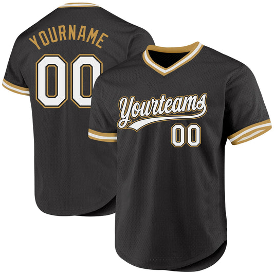 Custom Black White-Old Gold Authentic Throwback Baseball Jersey - Main View
