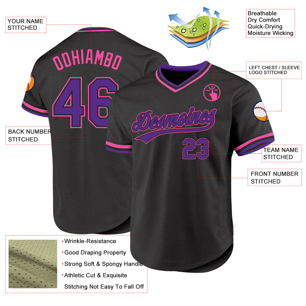 Custom Black Purple-Pink Authentic Throwback Baseball Jersey view 3