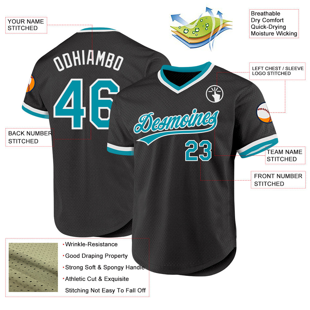 Custom Black Teal-White Authentic Throwback Baseball Jersey view 3