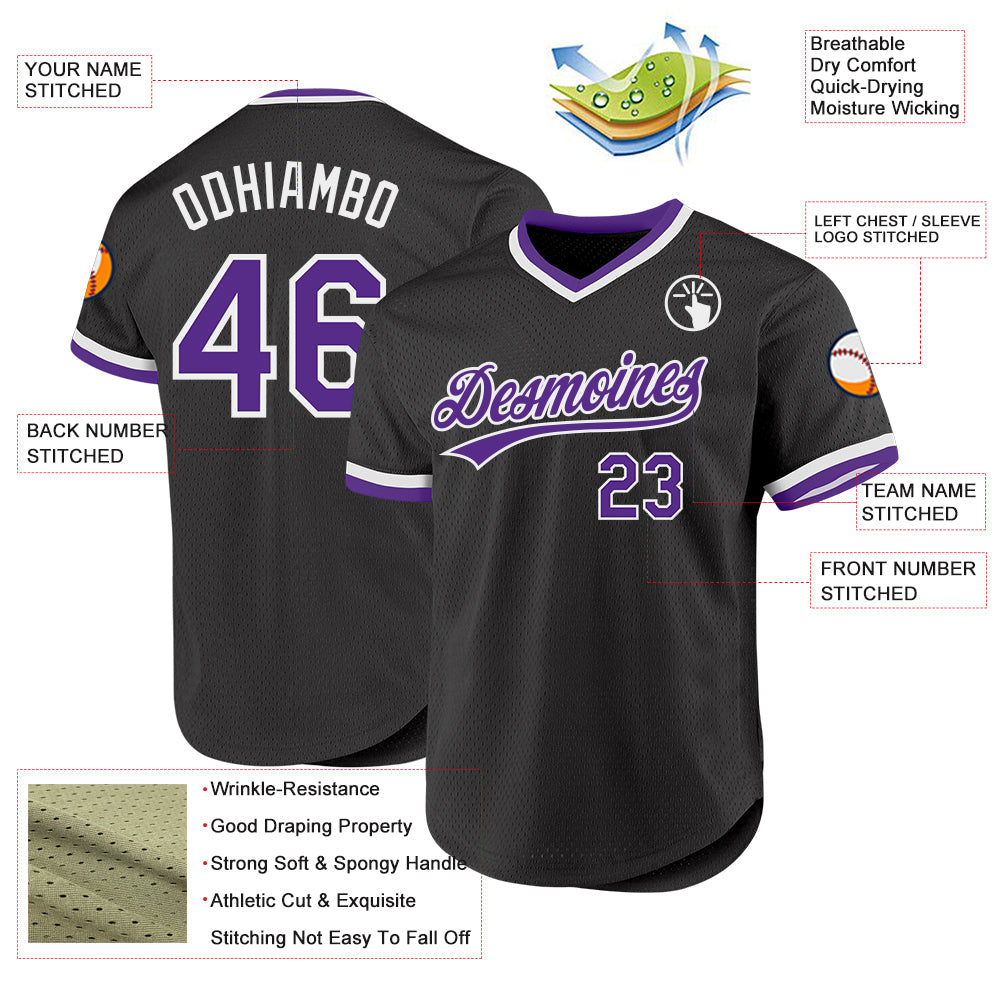 Custom Black Purple-White Authentic Throwback Baseball Jersey view 3